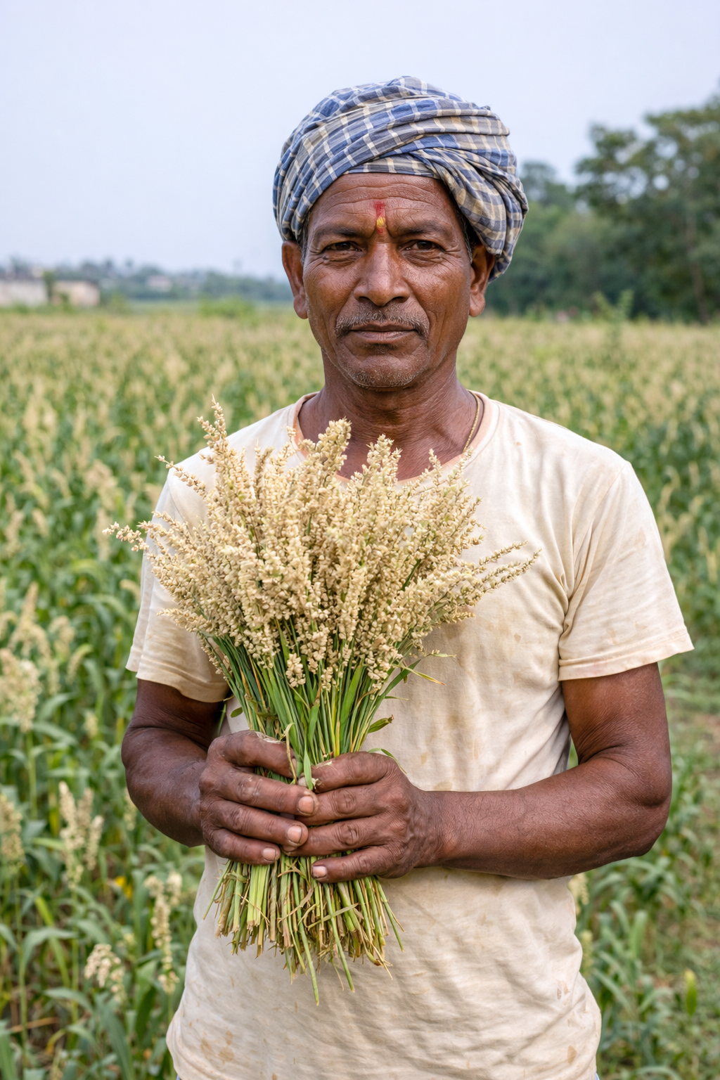 Man holding a bundle of crops in a field