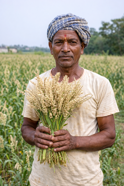 Man holding a bundle of crops in a field