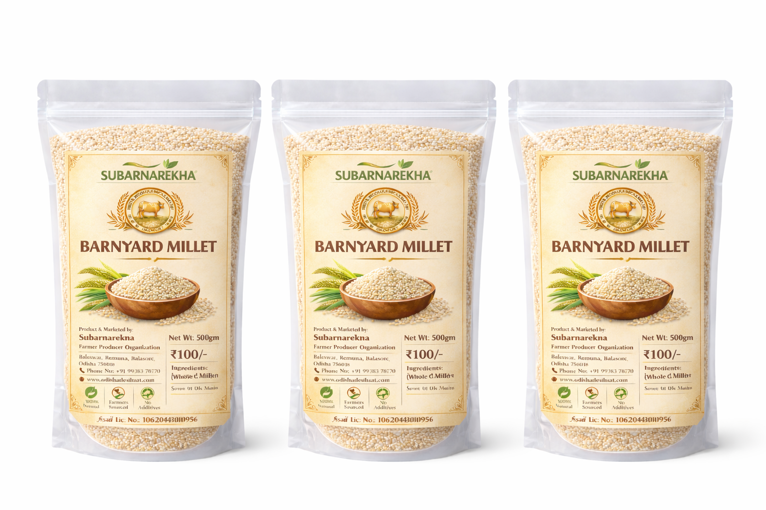 Three packages of Subarnarekha Barnyard Millet on a white background