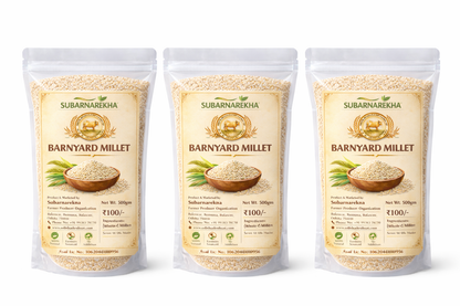 Three packages of Subarnarekha Barnyard Millet on a white background