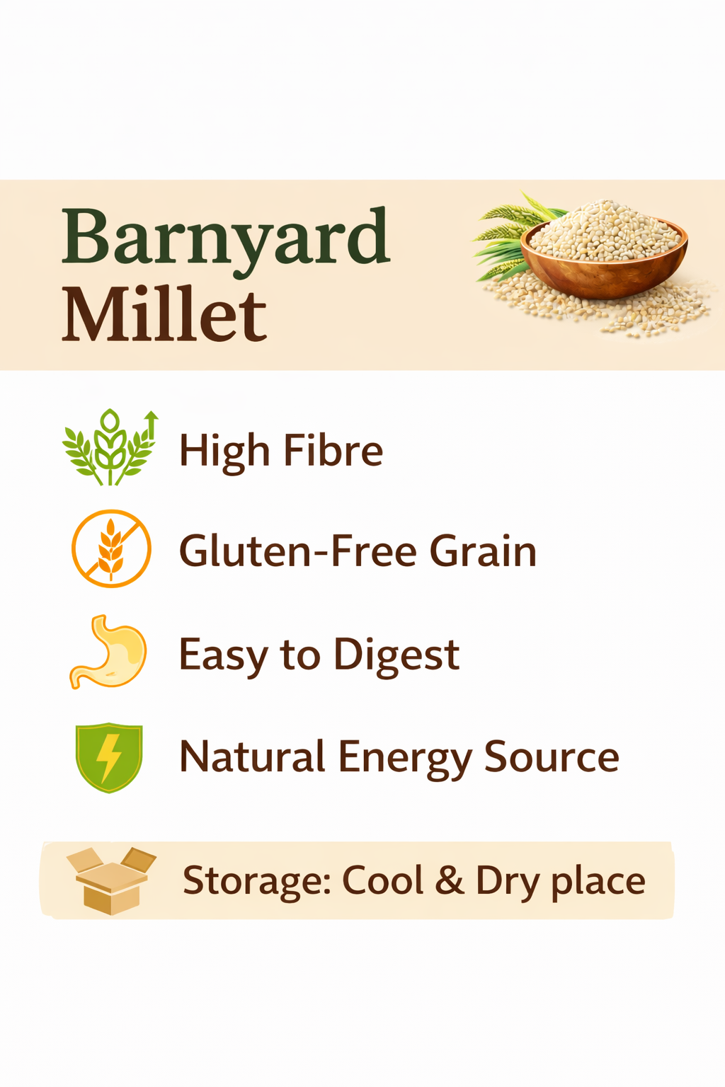 Barnyard millet information card with benefits and storage tips.