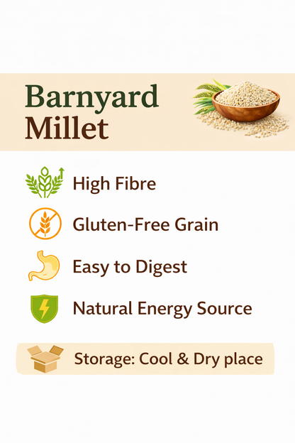 Barnyard millet information card with benefits and storage tips.