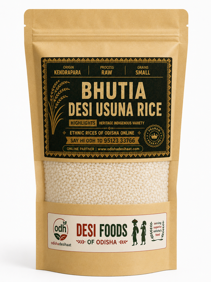 Packaged rice with 'Bhutia Desi Usuna Rice' label on a white background