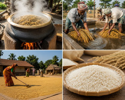 A four-panel collage showing the traditional processing of rice.