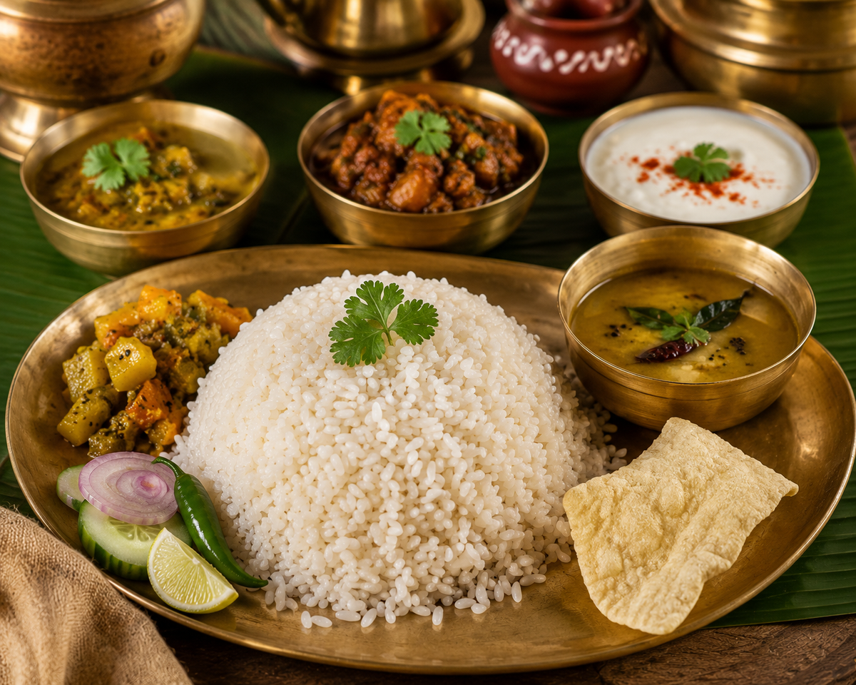 A traditional Indian meal served on a brass platter, featuring a mound of white rice garnished with a cilantro sprig.
