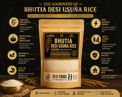 A stand-up pouch of Bhutia Desi Usuna Rice centered on a dark textured background.