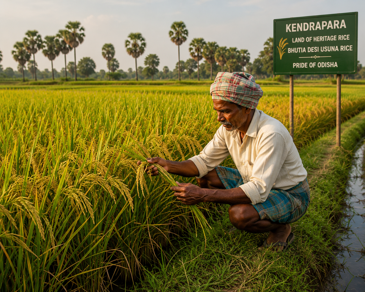 A man in a white shirt and patterned headwrap crouches in a lush green and golden rice field.