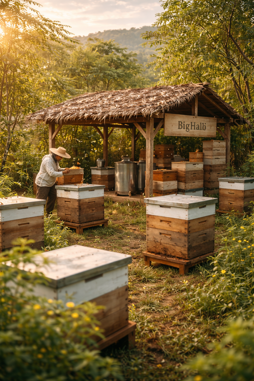 Hive boxes with a thatched-roof structure labeled 'Big Halli' in a natural setting.