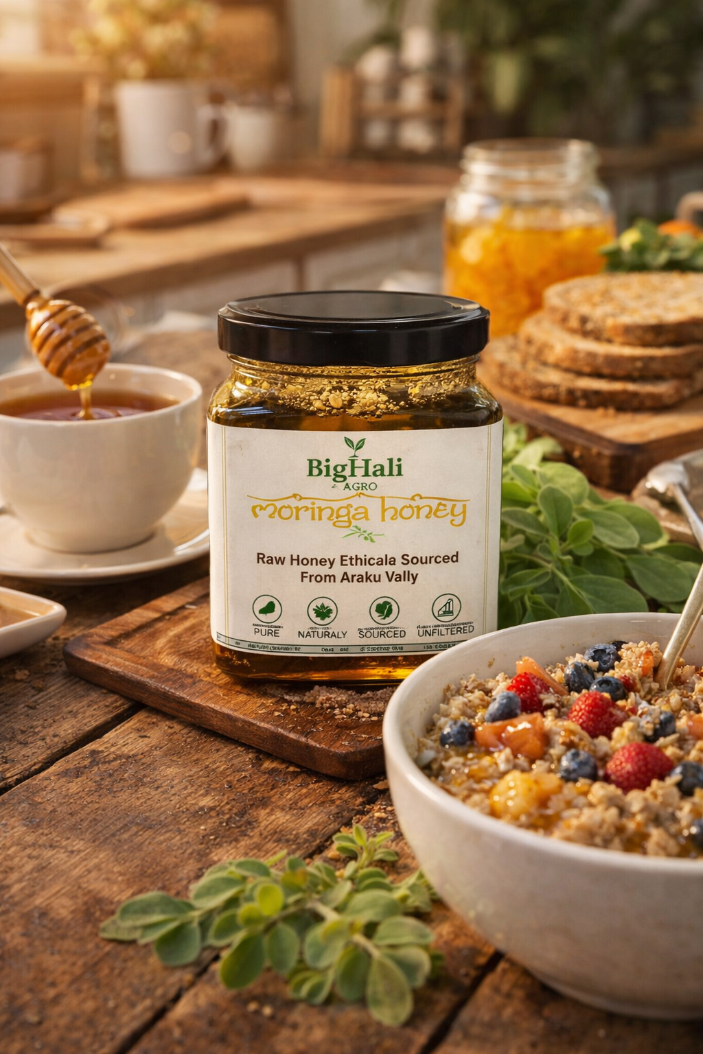 Jar of Big Flaki's Ecorica honey on a wooden table with a bowl of cereal and honey dipper.