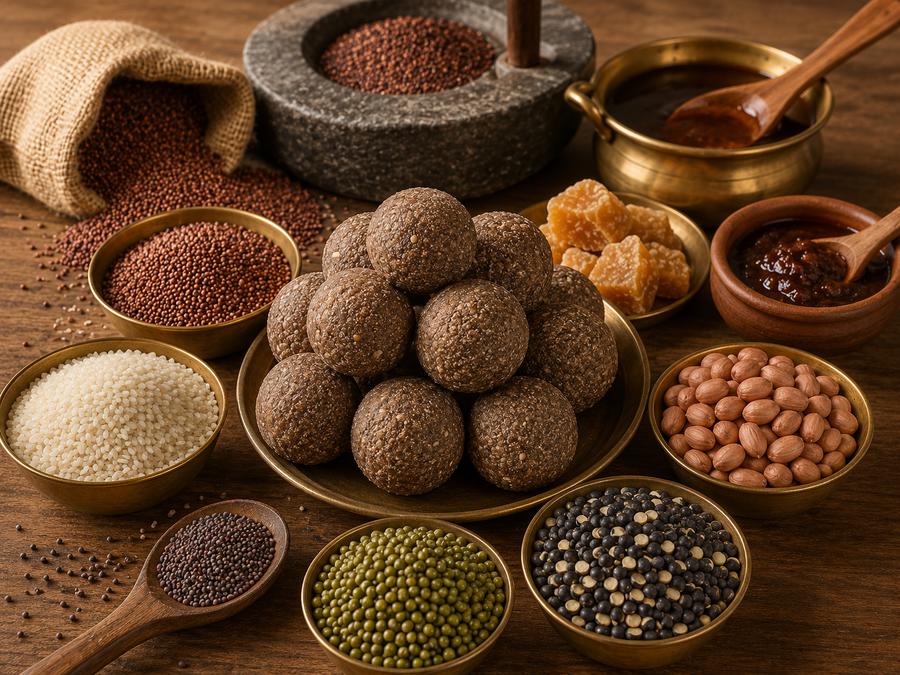 Assorted ingredients including seeds, beans, and spices on a wooden surface