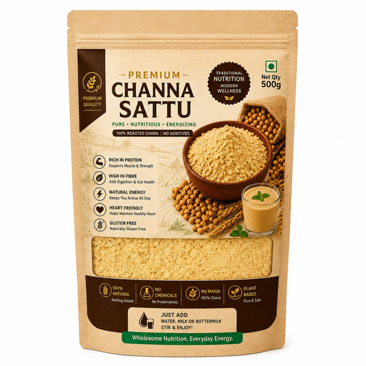 Package of Premium Channa Sattu with nutritional information and images on a white background