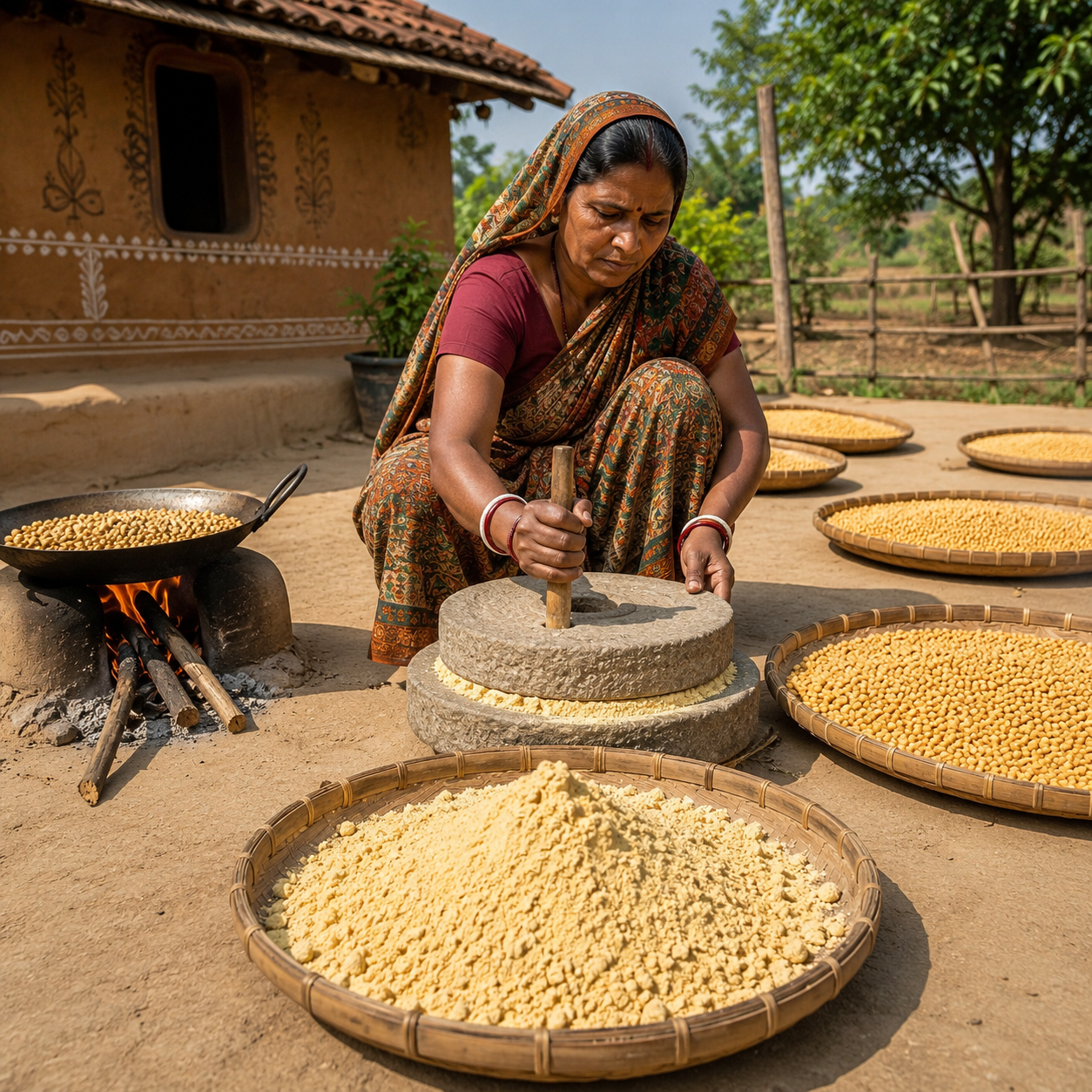 Woman using a traditional grinder to process grains outdoors.