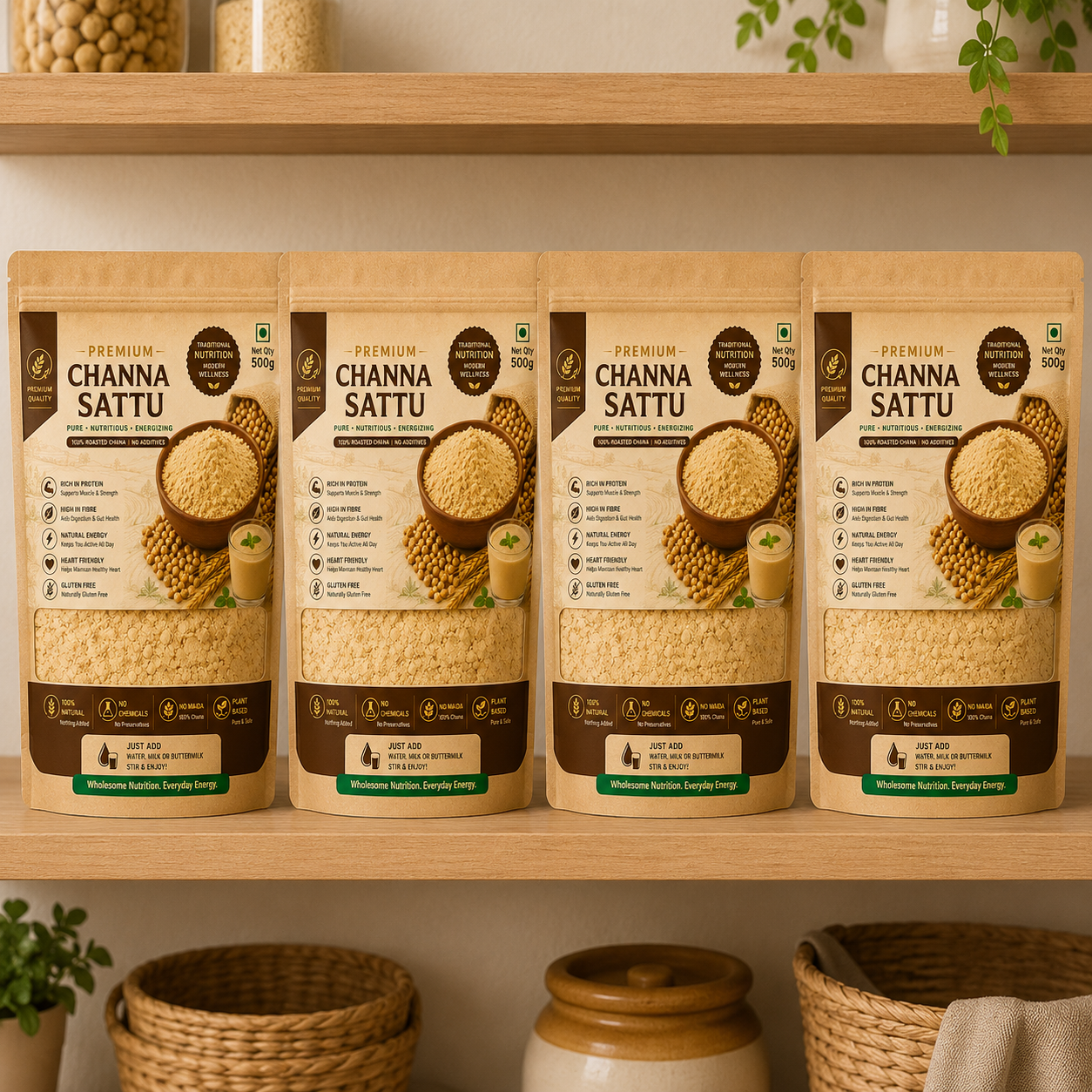 Four packages of Channa Sattu on a wooden shelf with a neutral background.