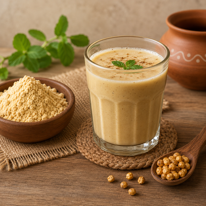 Glass of creamy beverage with ingredients on a wooden table