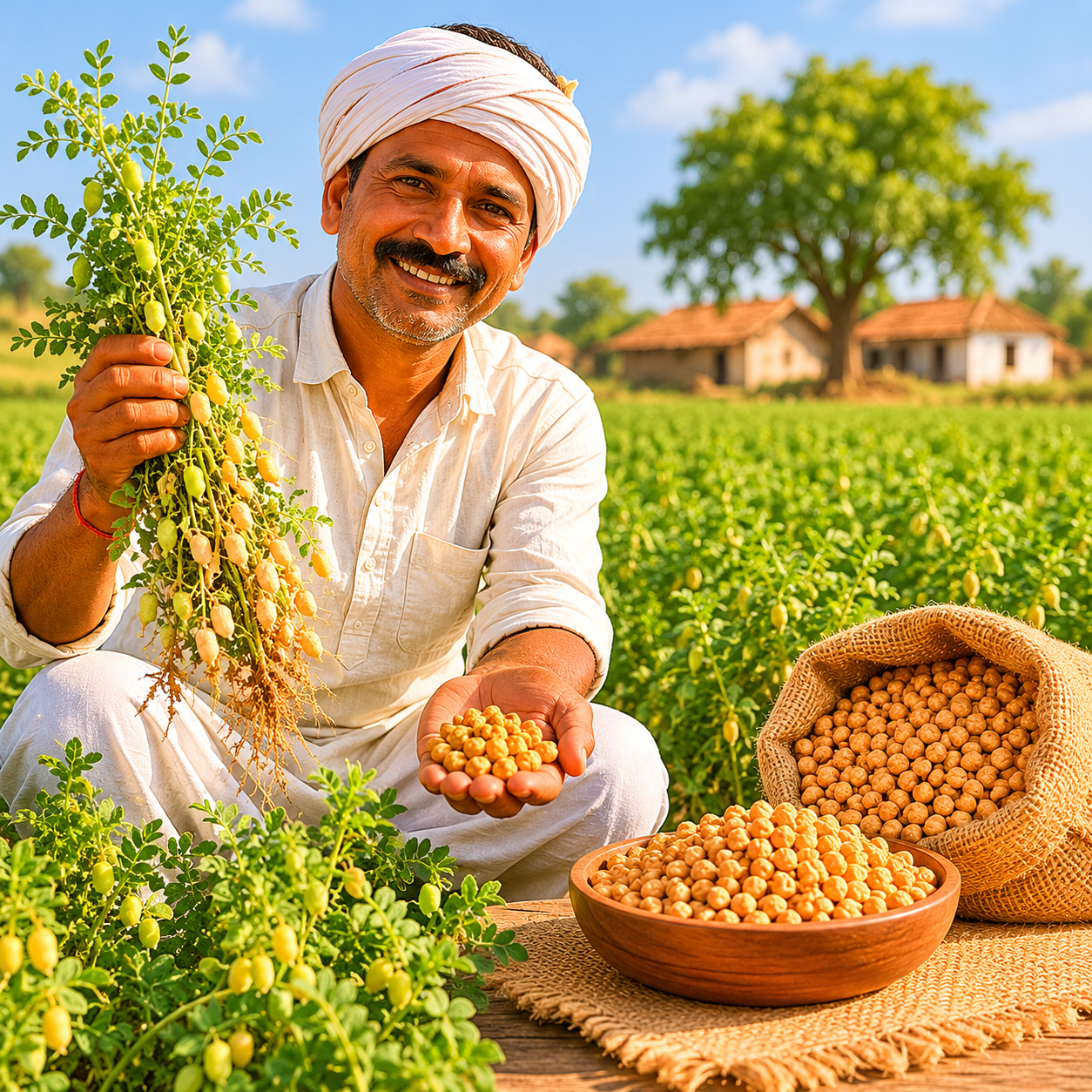 Man in a field holding chickpeas and chickpea plants with a bowl and sack of chickpeas on a table.