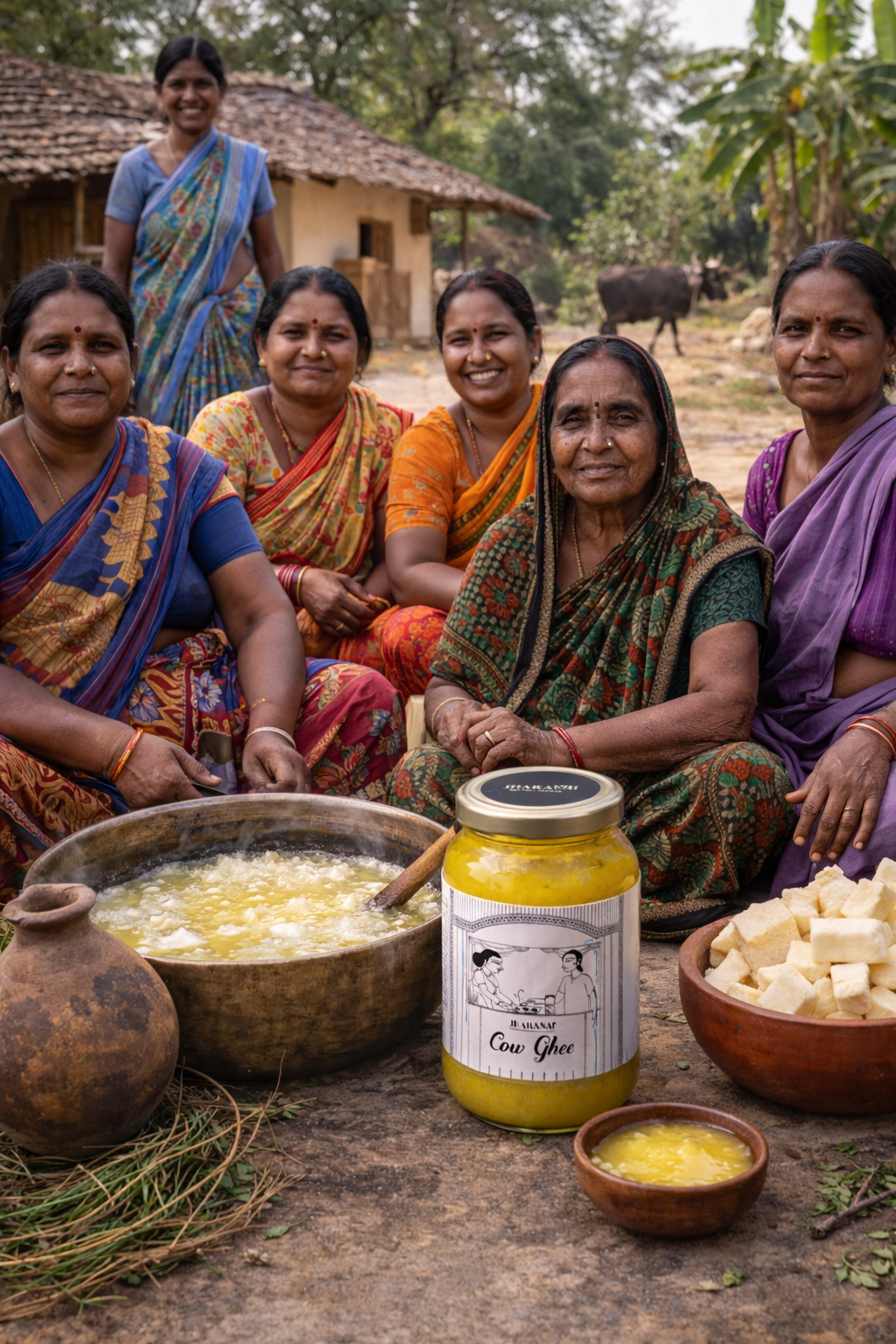 Group of women in traditional attire around a table with a jar labeled 'Desi Cow Ghee' in a rural setting.