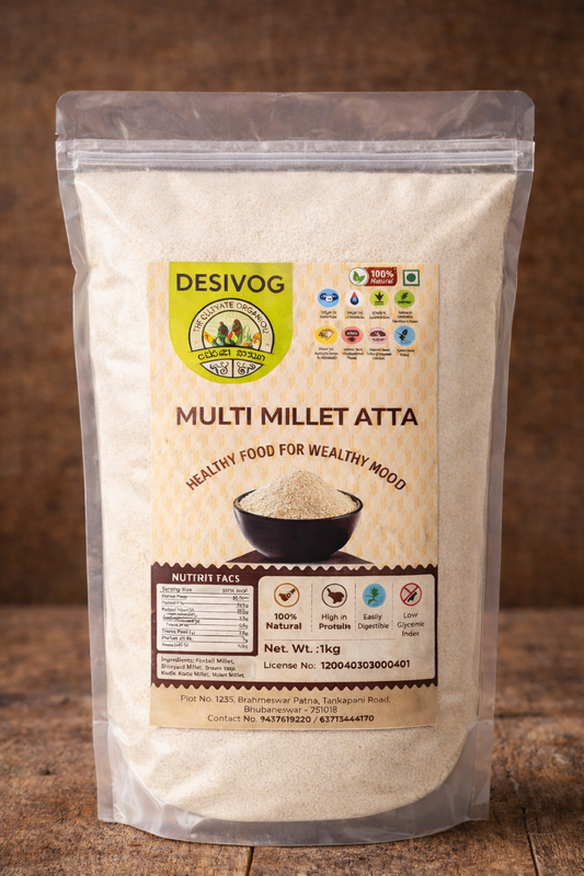 Desivog Multi Millet Atta package on a wooden surface