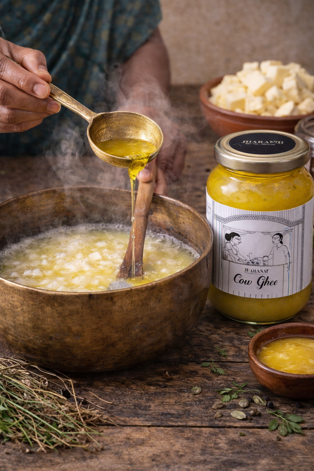 Person ladling ghee into a pot with a jar of cow ghee labeled 'jharani' in the background.