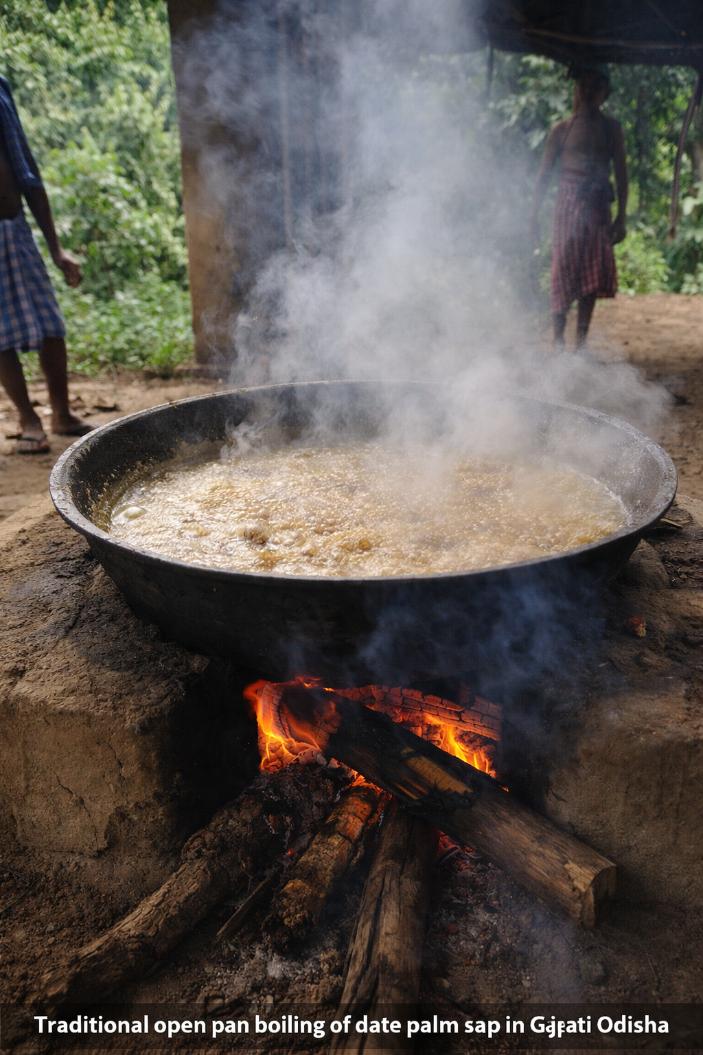 Traditional open pan boiling of date palm sap over a fire in Gajati, Odisha.