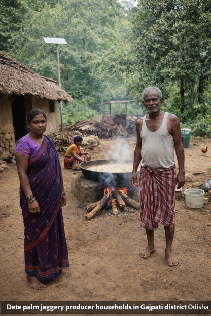 Two people standing near a traditional cooking setup with a hut and trees in the background.