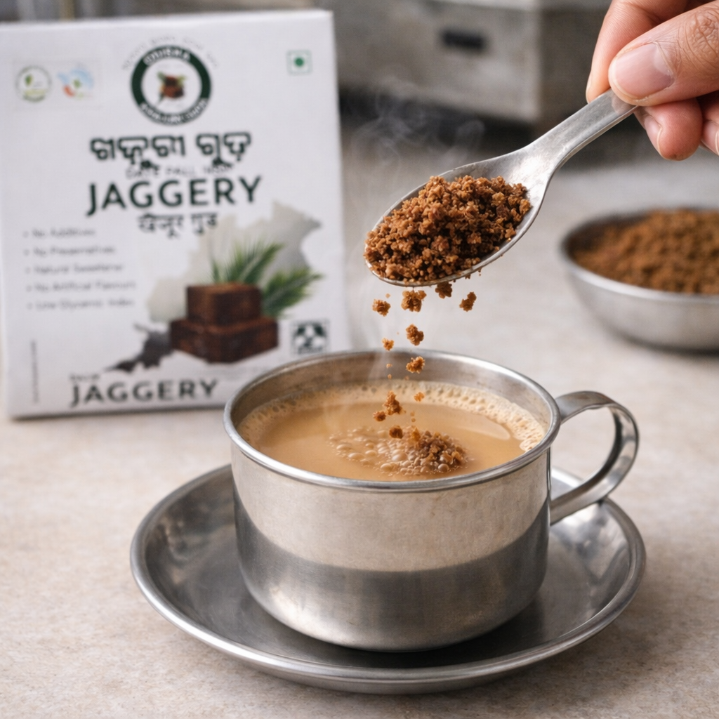 Jaggery being added to a cup of coffee with a box of jaggery in the background.