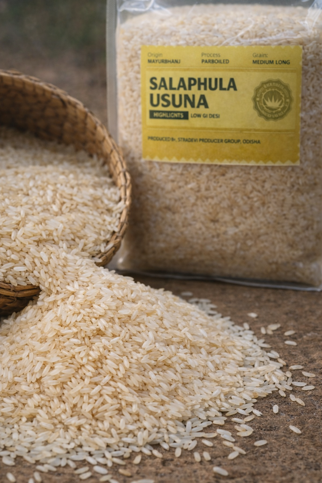 Bag of Salaphula Usuna rice with spilled rice on a wooden surface