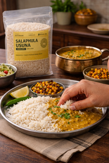 Plated dish of food with a hand reaching for it, Salaphula Usuna packaging in the background.
