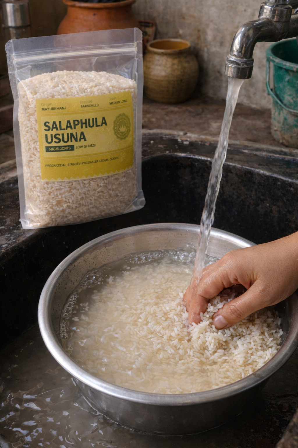 Person washing rice in a metal bowl with a package of Salaphula Usuna rice in the background.
