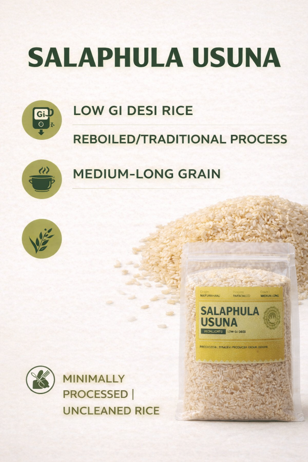 Salaphula Usuna rice packaging with product details on a white background