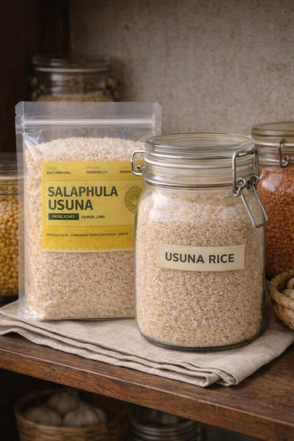 Jars of Usuna rice on a wooden surface with a neutral background