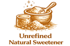 Logo of an unrefined natural sweetener with bowls and a spoon on a white background.