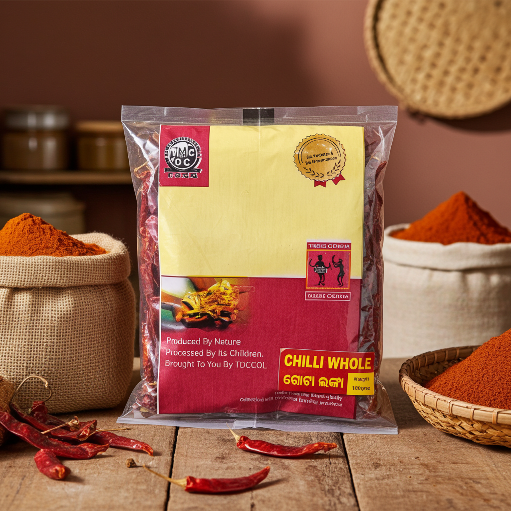 Packaged chili whole with TMCOC branding on a wooden surface with chili ingredients.