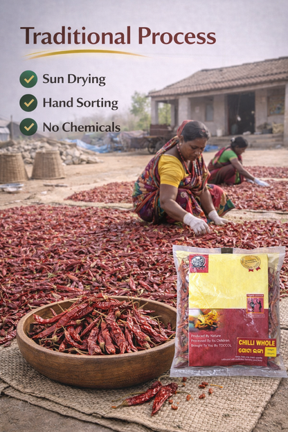 Traditional chili pepper processing with sun drying, hand sorting, and no chemicals, featuring a package of 'Chilli Whole' from 'Culinary India'.