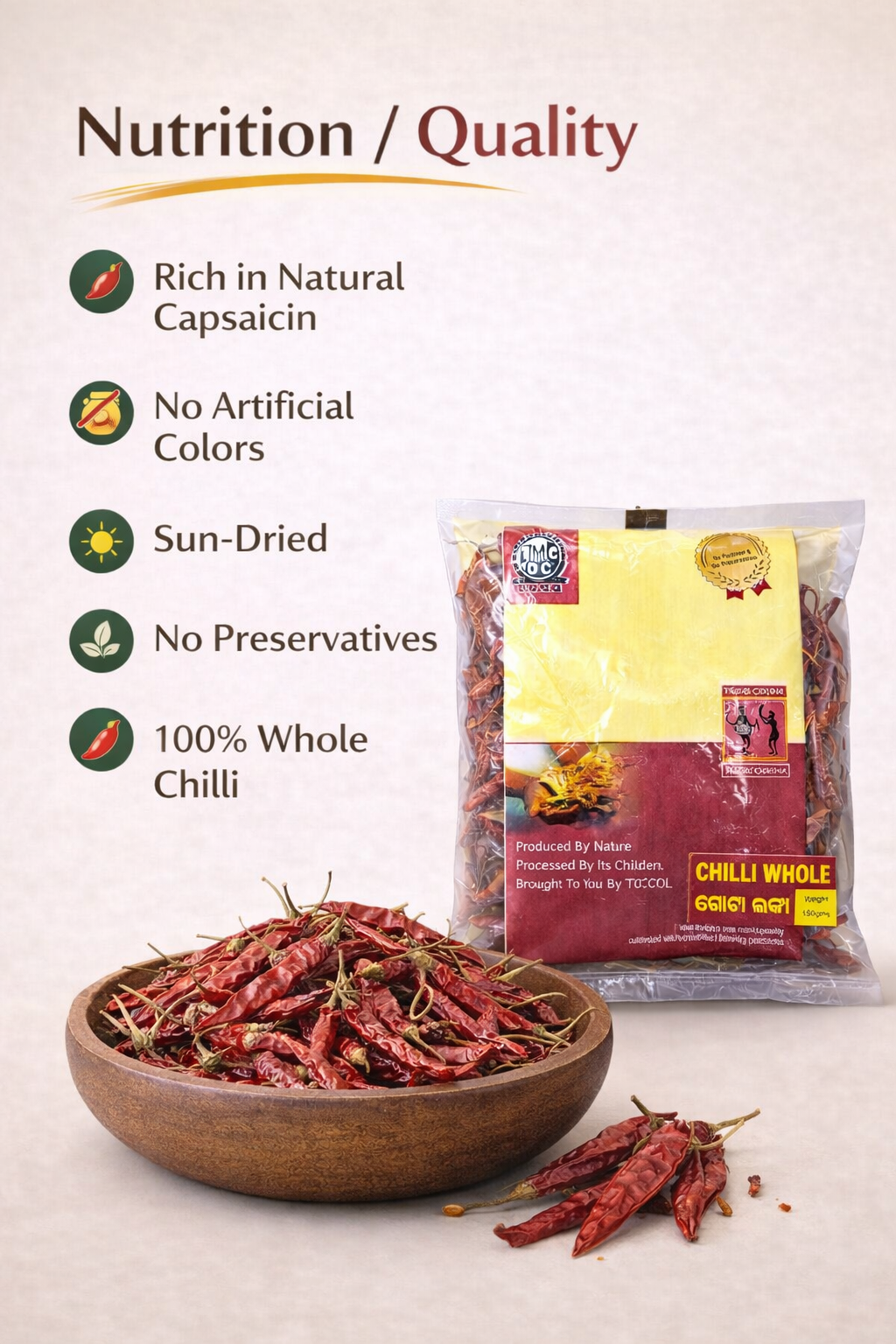 Packaged whole red chillies with a bowl of dried chillies on a white background, highlighting nutritional and quality features.