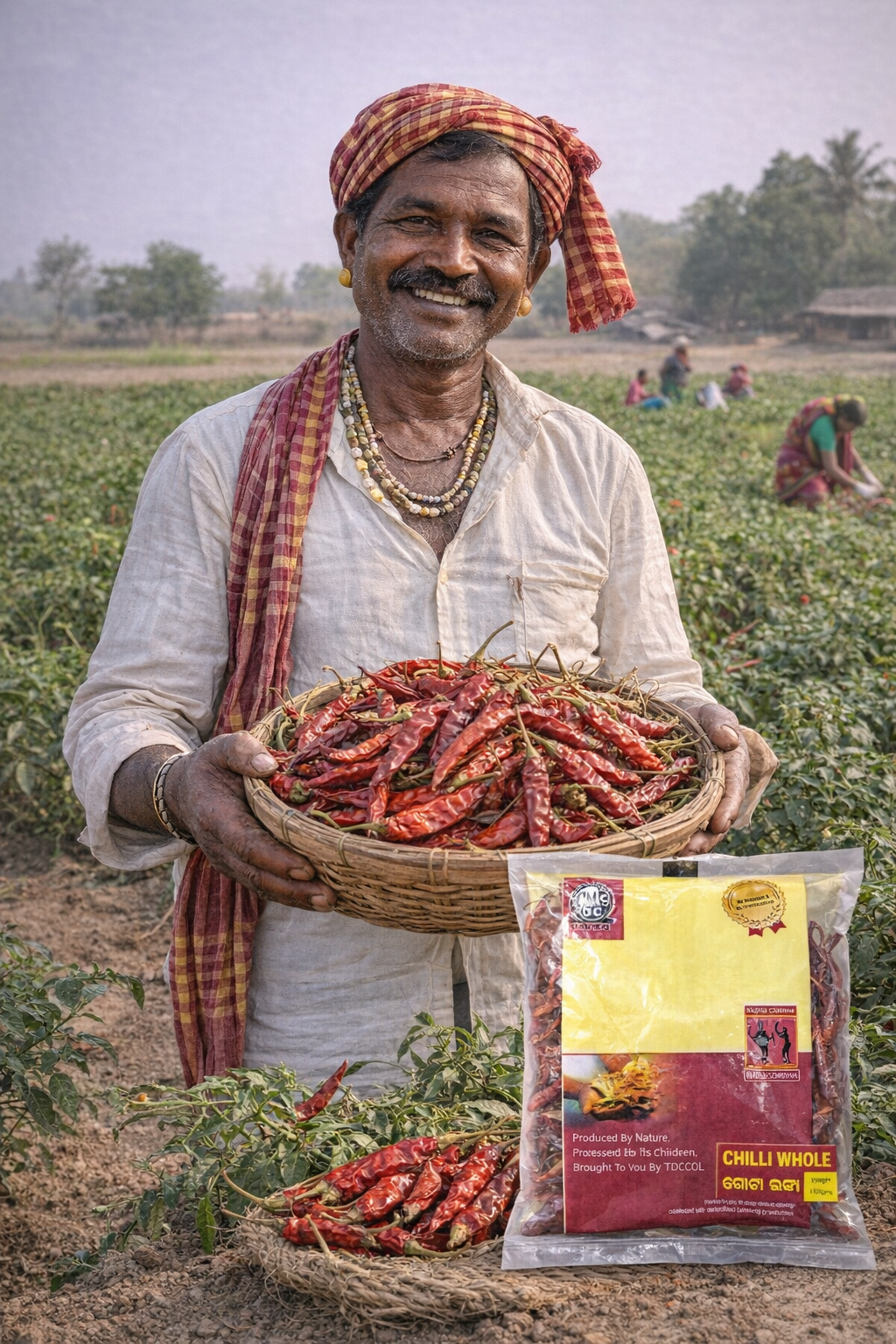 Man holding a basket of red chilies with a package of chilies in the foreground, set against a field background.