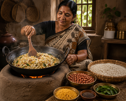 Woman cooking food in a large pan with various ingredients around her.