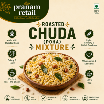 Pranam Retail Roasted Chuda (Poha) Mixture packaging with a bowl of mixture on a beige background.