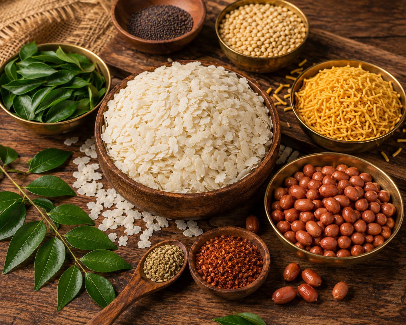 Assorted grains and legumes in wooden bowls on a wooden surface with leaves.