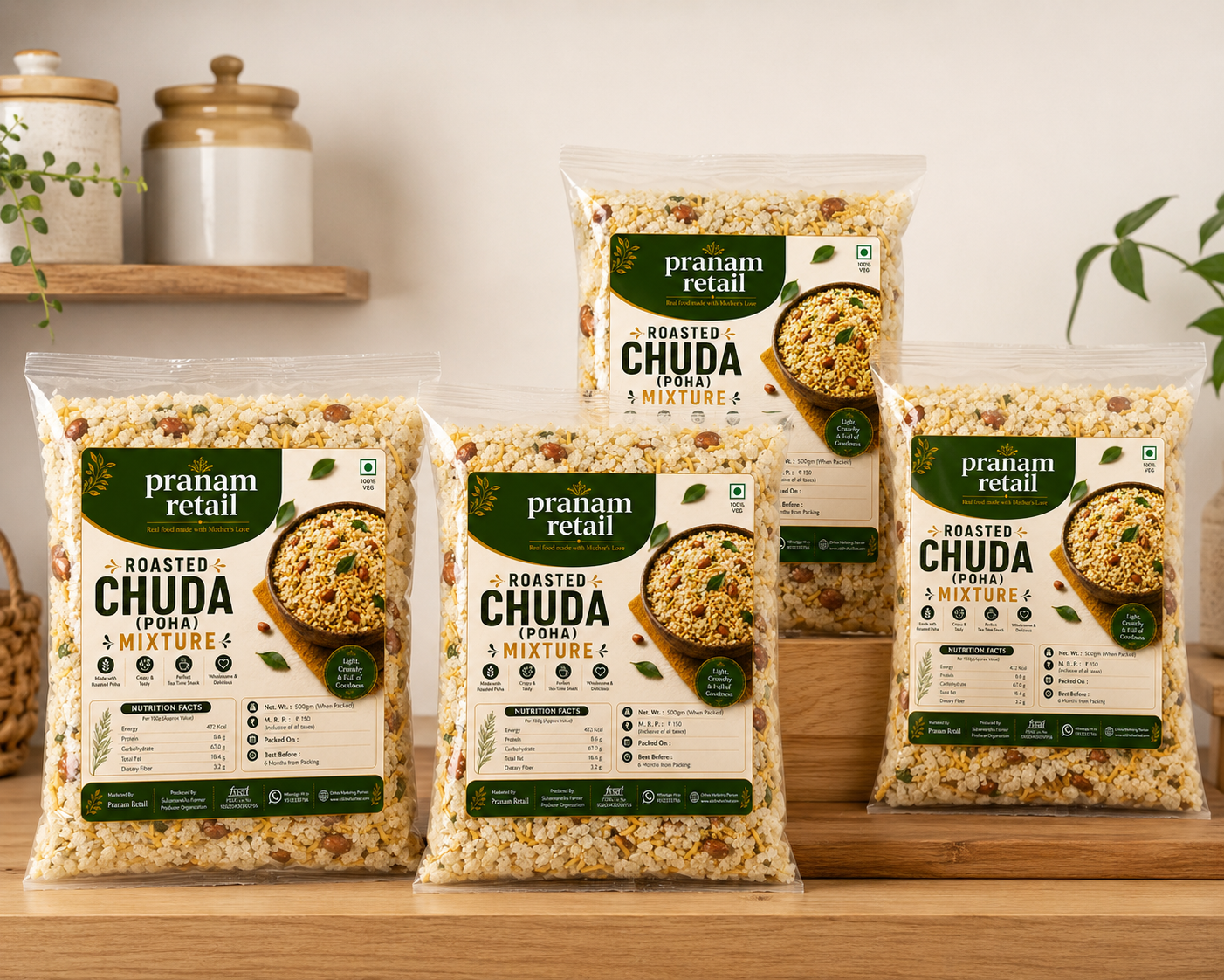 Four packages of Pranam Roasted Chuda Mixture on a wooden surface with a neutral background.