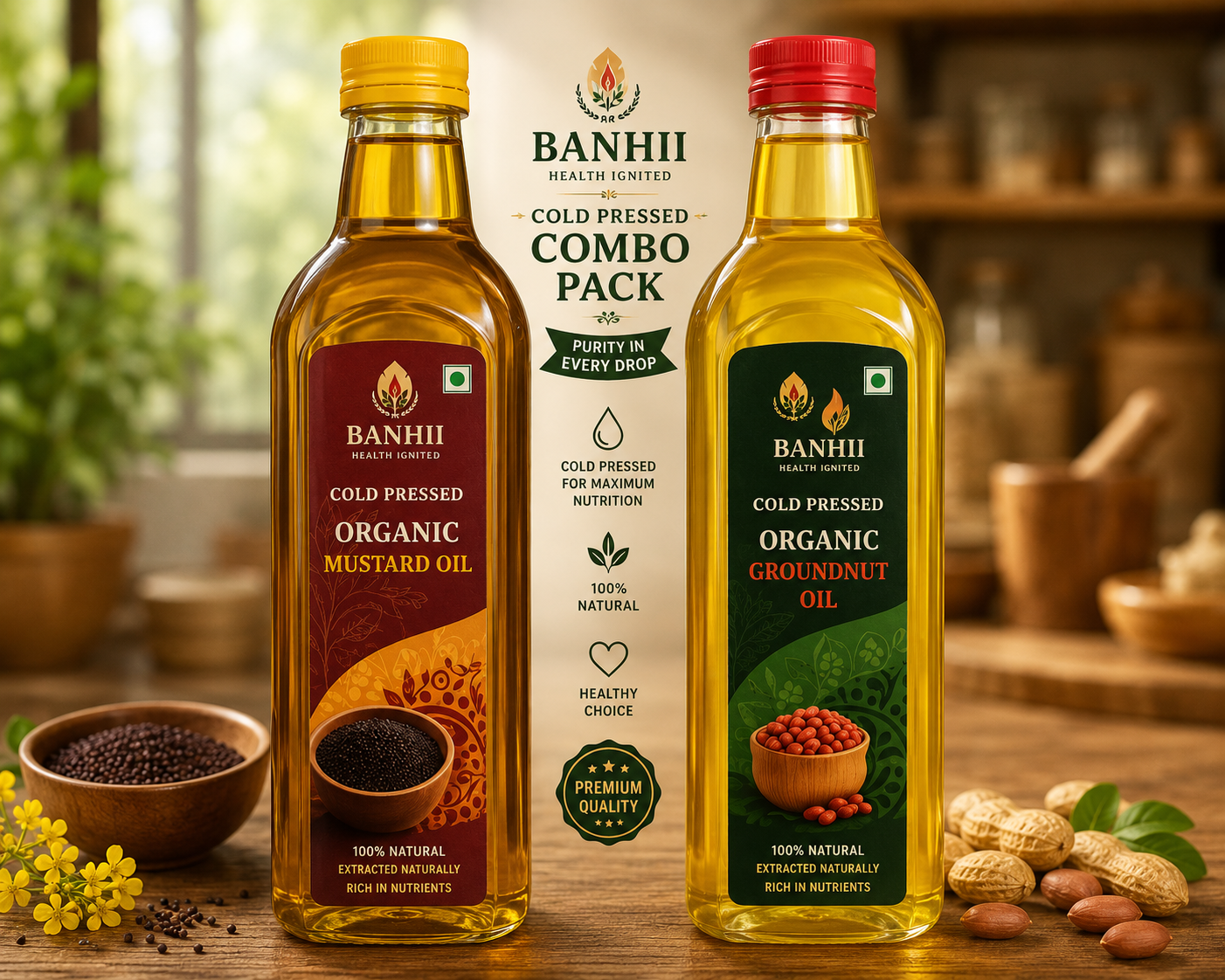 Two bottles of Banhii cold pressed organic oils on a wooden surface with a blurred kitchen background.