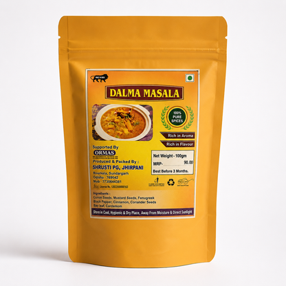 Yellow package of Dalma Masala with branding and product details on a white background