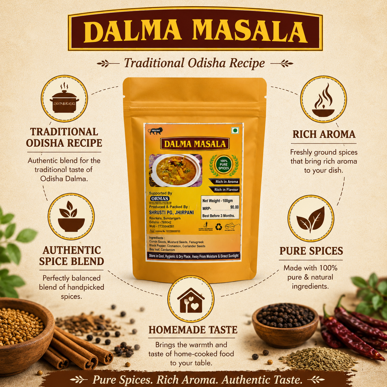 Dalma Masala spice blend packaging with ingredients