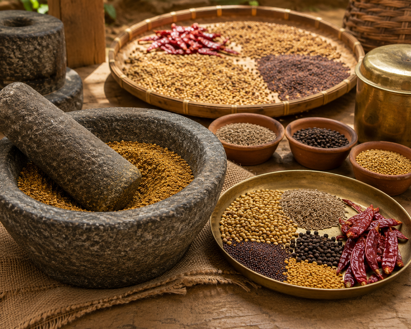 Spices and herbs on trays with a mortar and pestle on a rustic surface