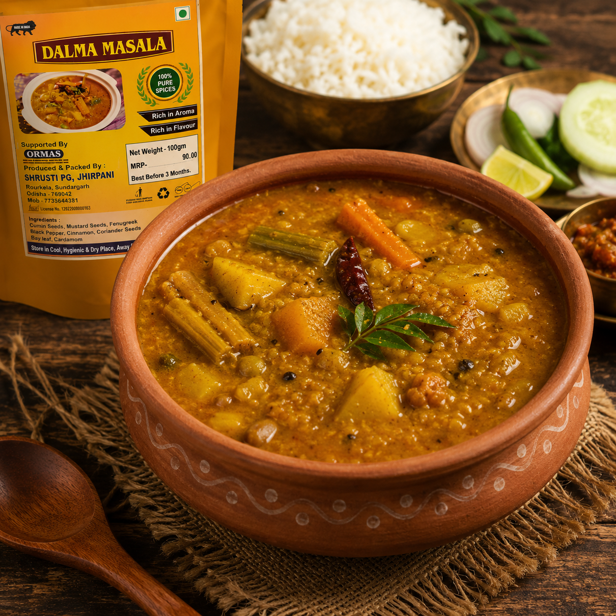 Bowl of Dalma Masala with a package of Dalma Masala and rice in the background.