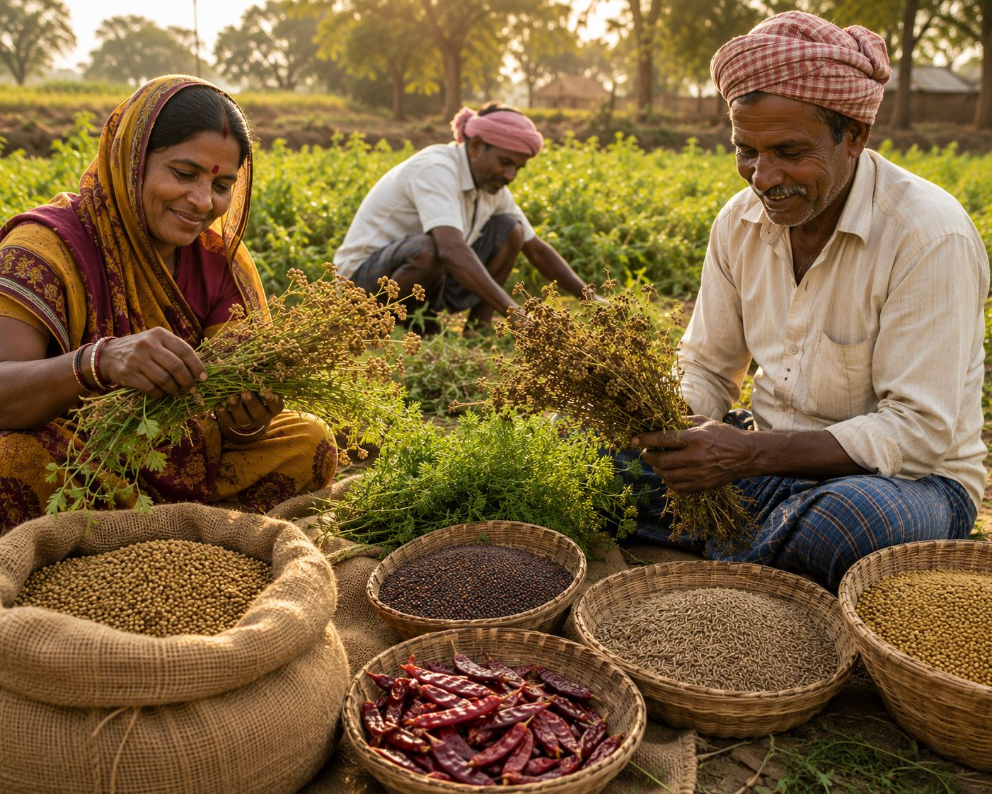 Three people in a field sorting crops into baskets.