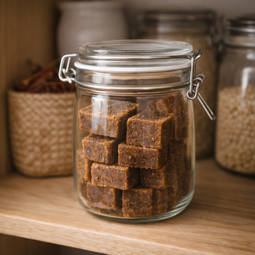 Glass jar filled with brown sugar cubes on a wooden shelf.