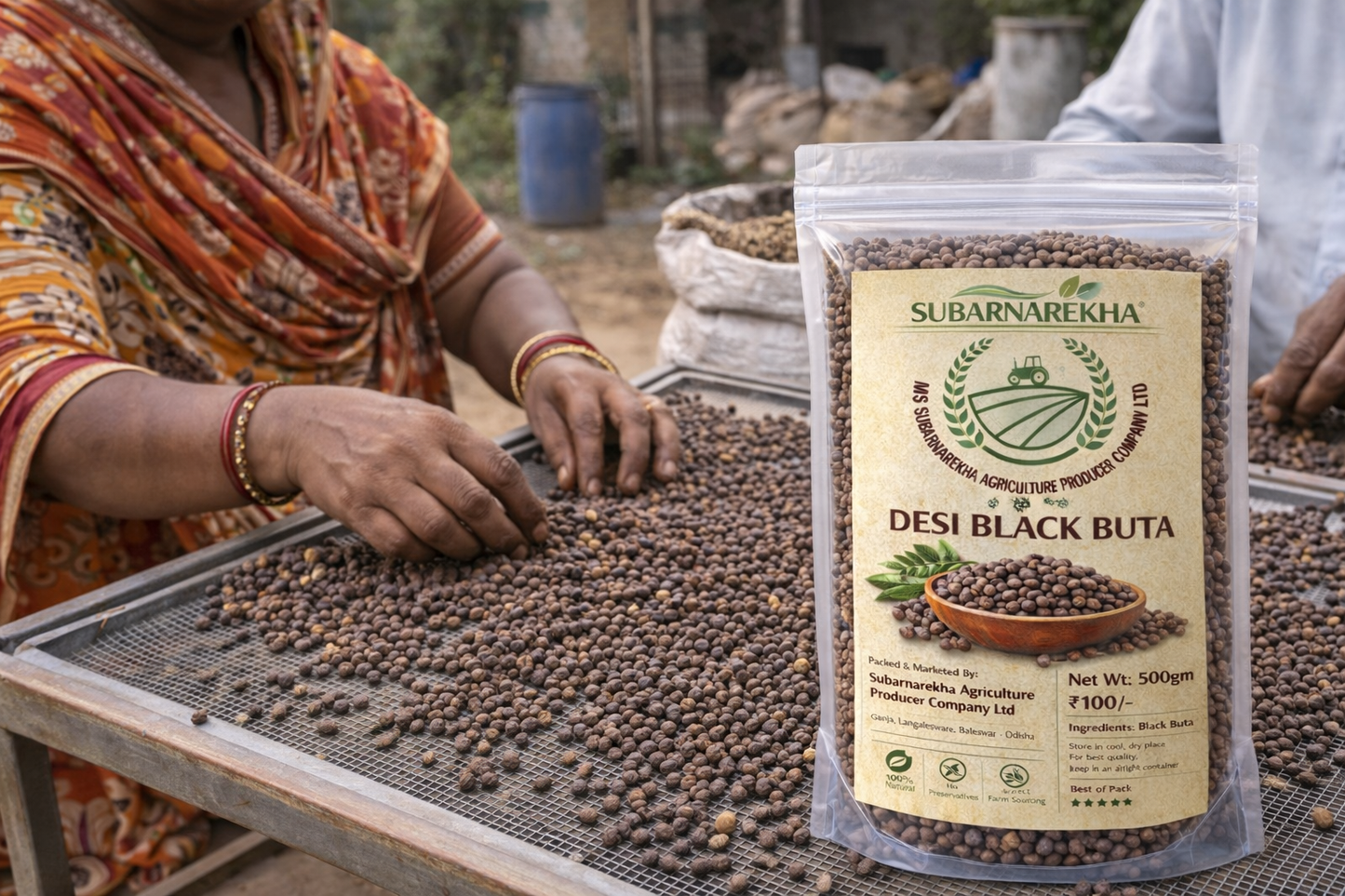 Person sorting Desi Black Buta seeds with a Subarnarekha branded package in the foreground.