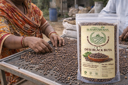 Person sorting Desi Black Buta seeds with a Subarnarekha branded package in the foreground.