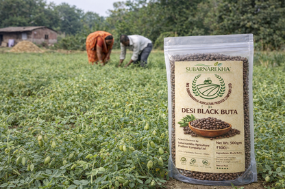 Package of Subarnarekha Desi Black Buta in a field with farmers in the background