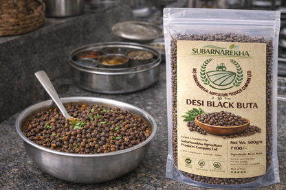 Desi Black Buta lentils in a bowl with a Subarnarekha package on a kitchen counter.